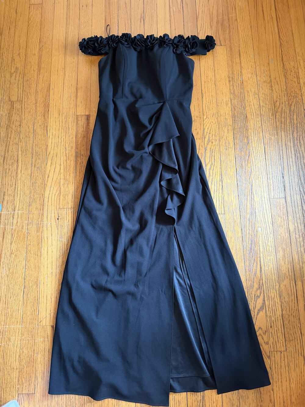 Alex Evenings Dress Womens 14 Black Off Shoulder Ruffle Slit Maxi Gown Formal